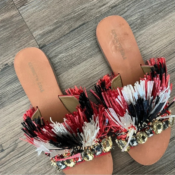 KENNETH Cole Heron Embellished Fringe Beaded Slide Sandals 9 - Picture 2 of 6
